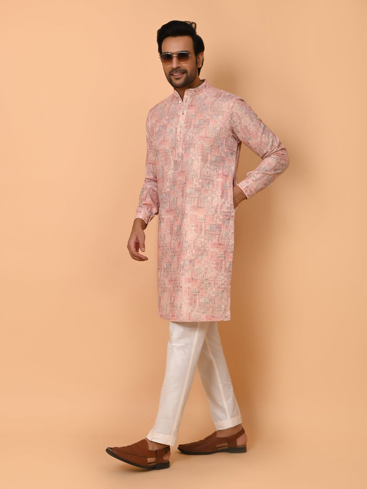 Chikan Peach Kurta Set | Festive Cotton Blend Printed Full Sleeve Kurtas