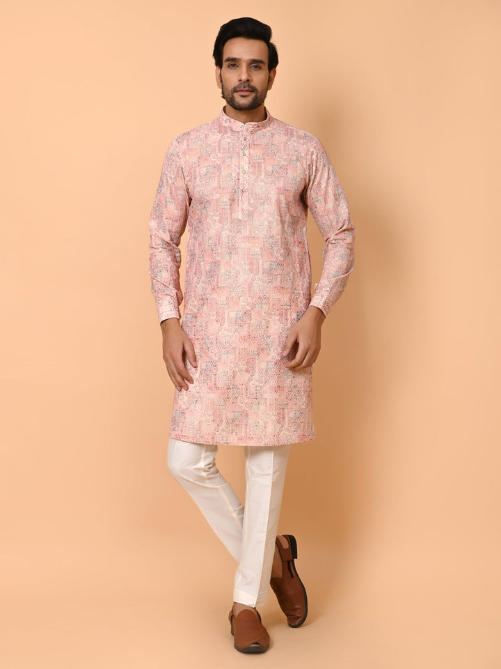 Chikan Peach Kurta Set | Festive Cotton Blend Printed Full Sleeve Kurtas