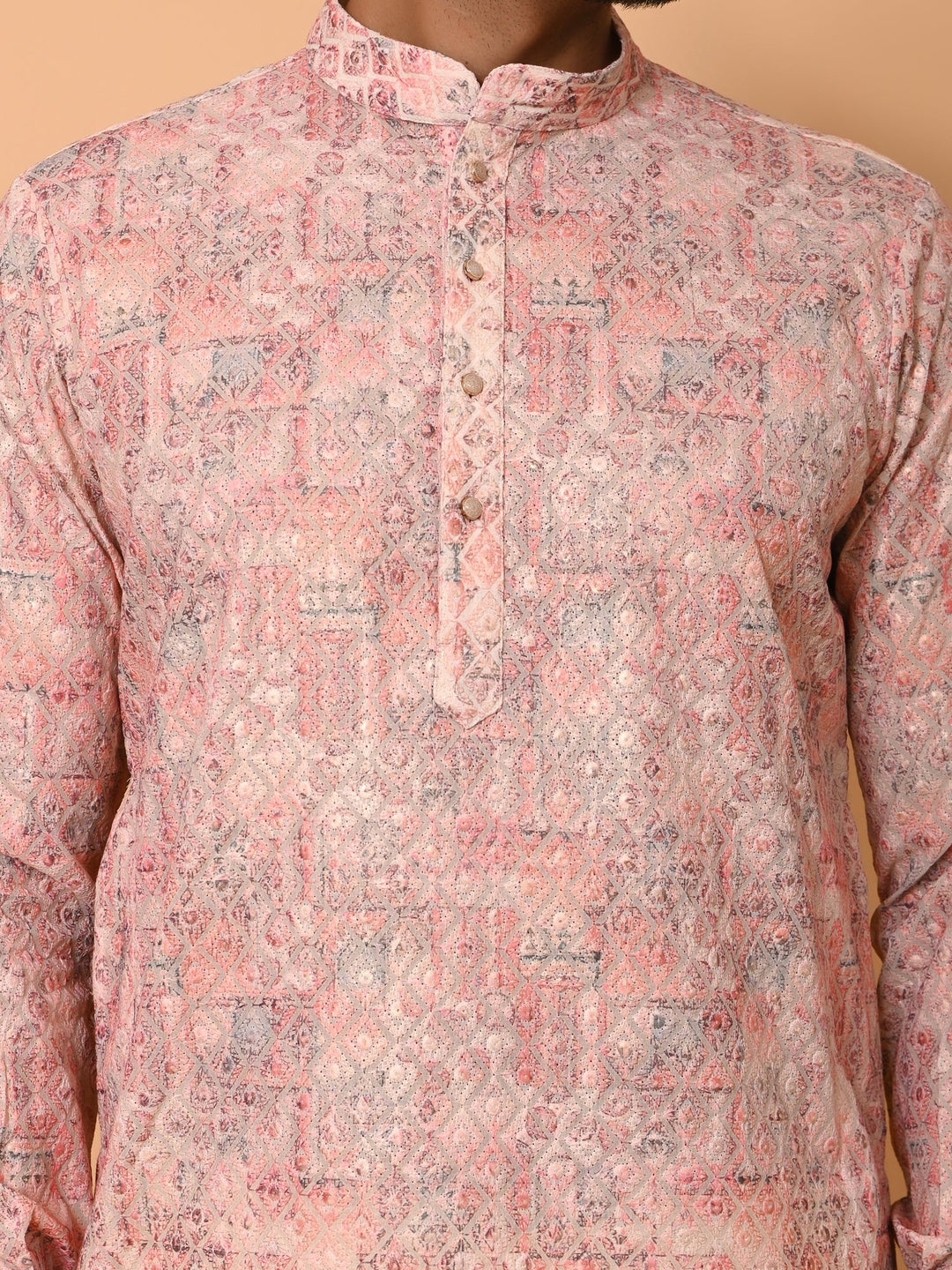 Chikan Peach Kurta Set | Festive Cotton Blend Printed Full Sleeve Kurtas