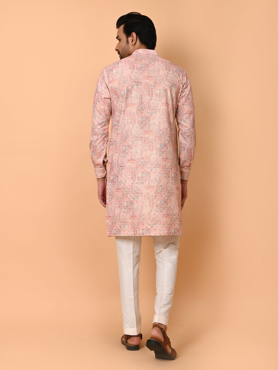 Chikan Peach Kurta Set | Festive Cotton Blend Printed Full Sleeve Kurtas