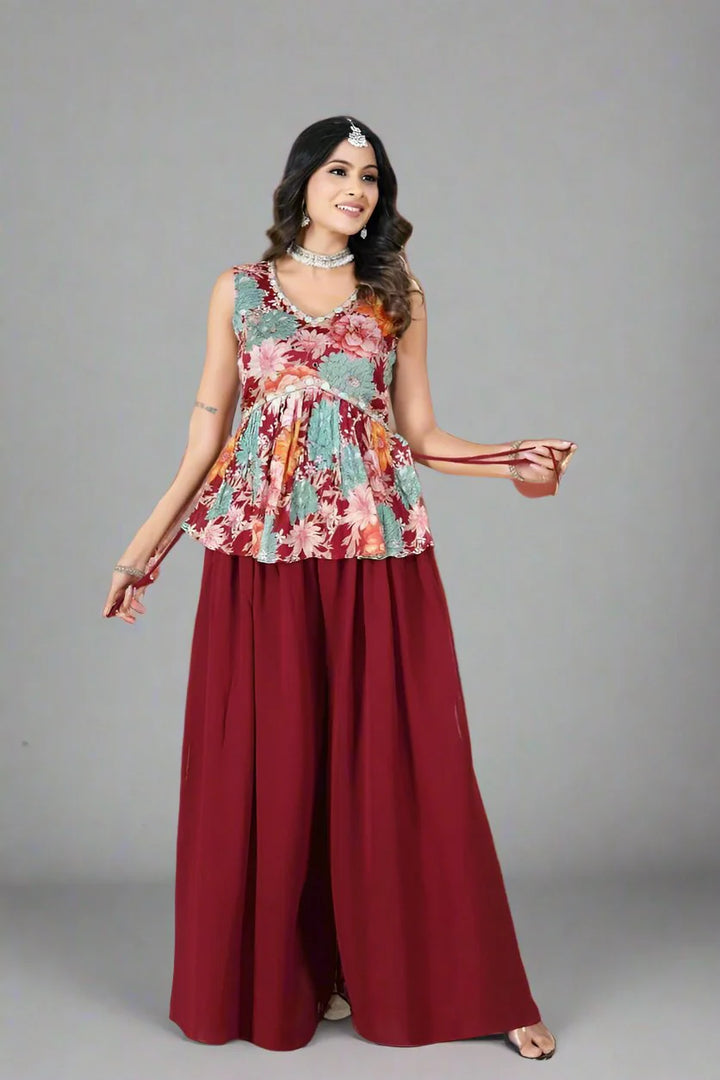 Stylish multi-color Co-Ord set made from Chinon fabric, featuring an elegant tunic paired with palazzo pants.