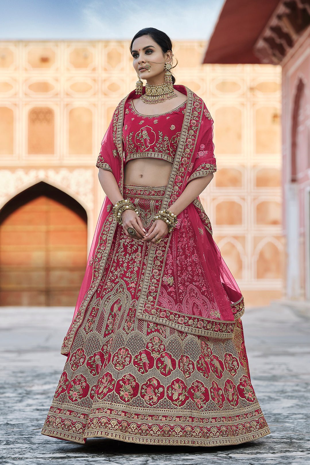 Embroidered Flared Lehenga Choli Set | Velvet Semi-Stitched Bridal Wear