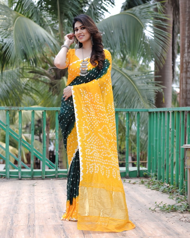 Bright Yellow Bandhej Silk Drapes with Zari Tissue Pallu and blouse piece, ideal for festive USA celebrations.