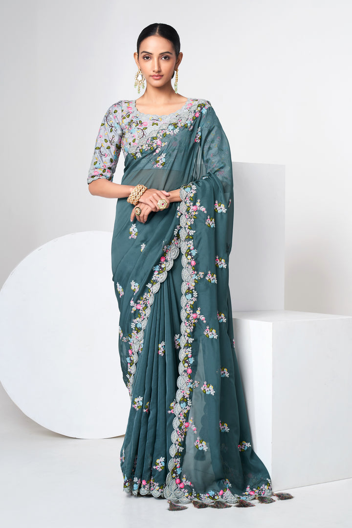 Olive Green Organza Saree | Art Silk Blouse with Floral Embroidery