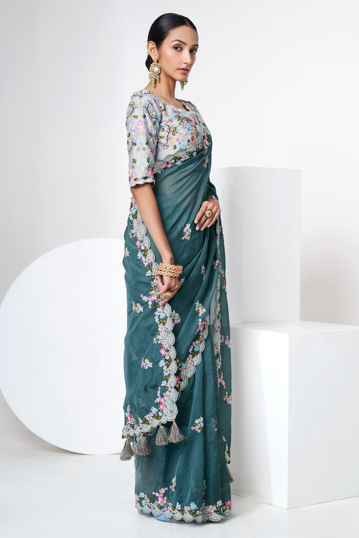 Olive Green Organza Saree | Art Silk Blouse with Floral Embroidery