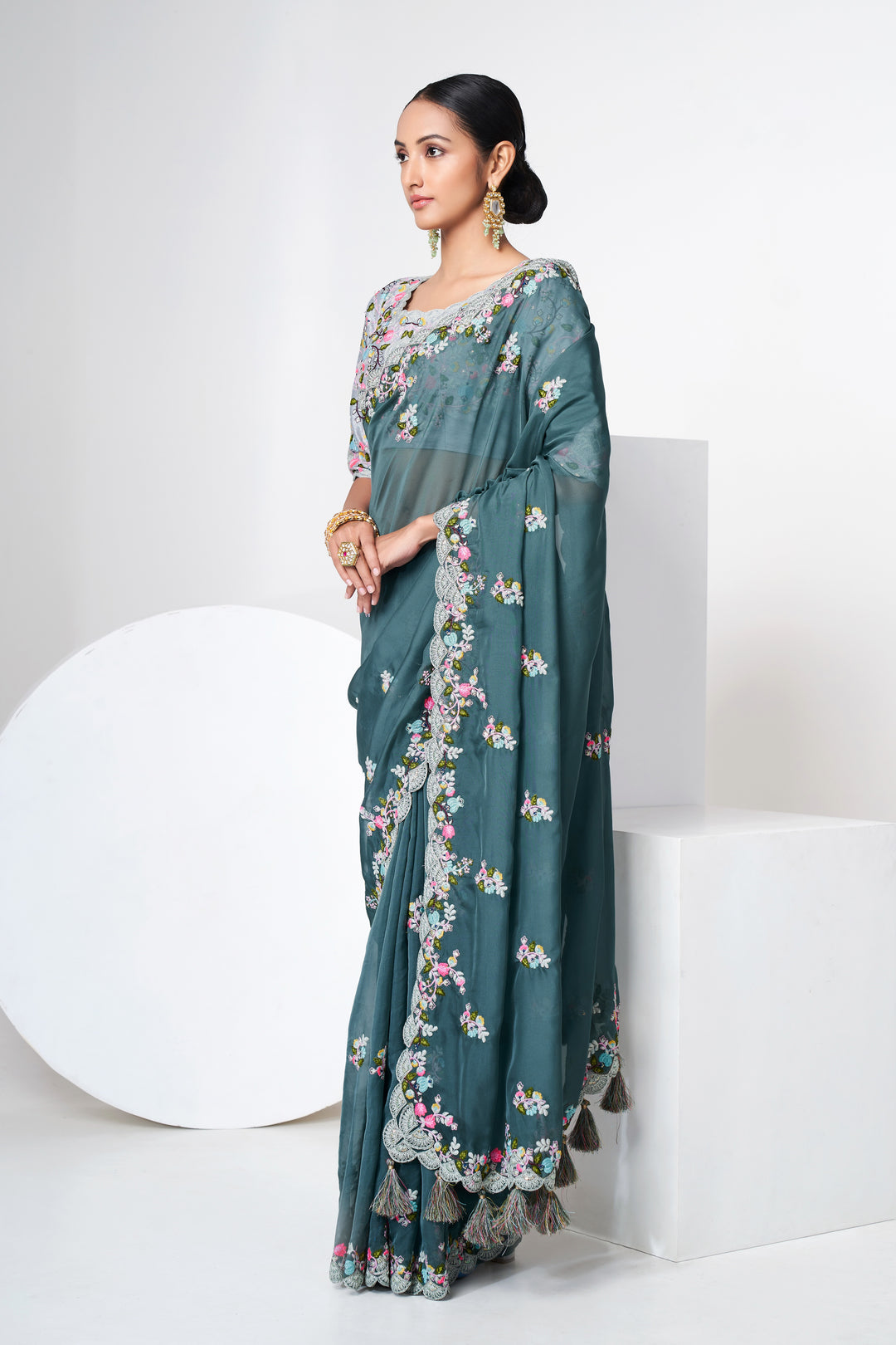 Olive Green Organza Saree | Art Silk Blouse with Floral Embroidery