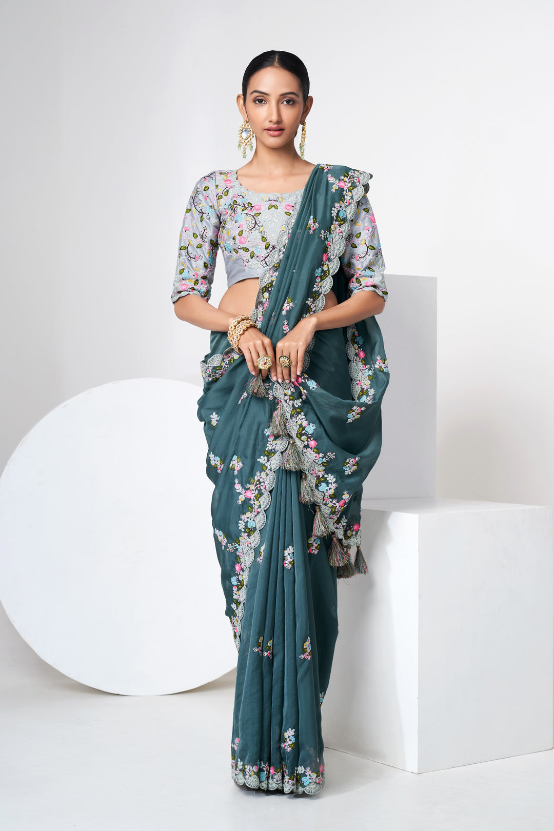 Olive Green Organza Saree | Art Silk Blouse with Floral Embroidery