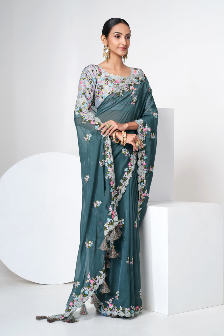 Olive Green Organza Saree | Art Silk Blouse with Floral Embroidery