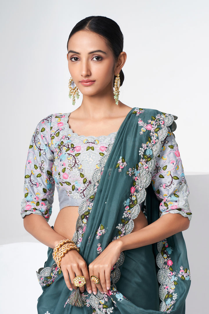 Olive Green Organza Saree | Art Silk Blouse with Floral Embroidery