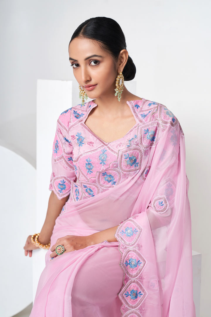 Exquisite Pink Saree | Thread & Sequin Work for Festive Occasions