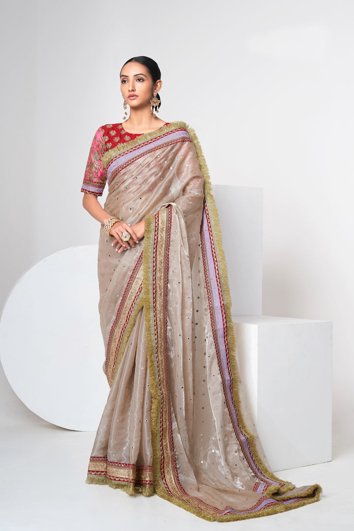 Exquisite Beige Saree | Zari, Dori & Sequin Work with Art Silk Blouse