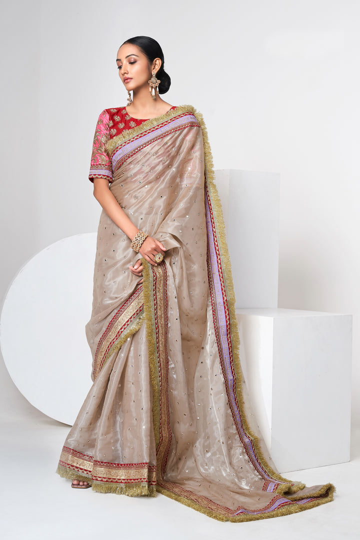 Exquisite Beige Saree | Zari, Dori & Sequin Work with Art Silk Blouse