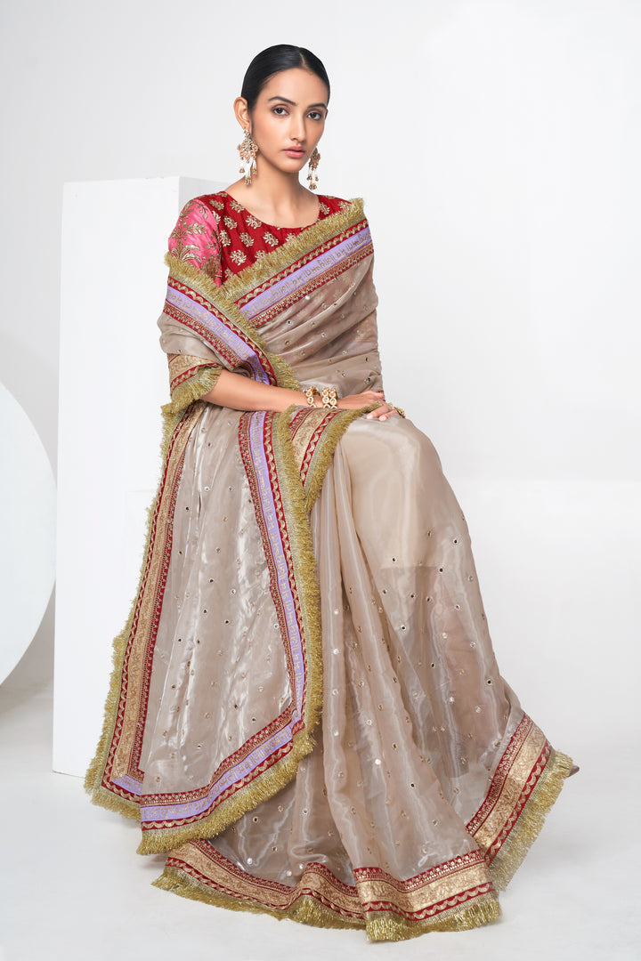 Exquisite Beige Saree | Zari, Dori & Sequin Work with Art Silk Blouse