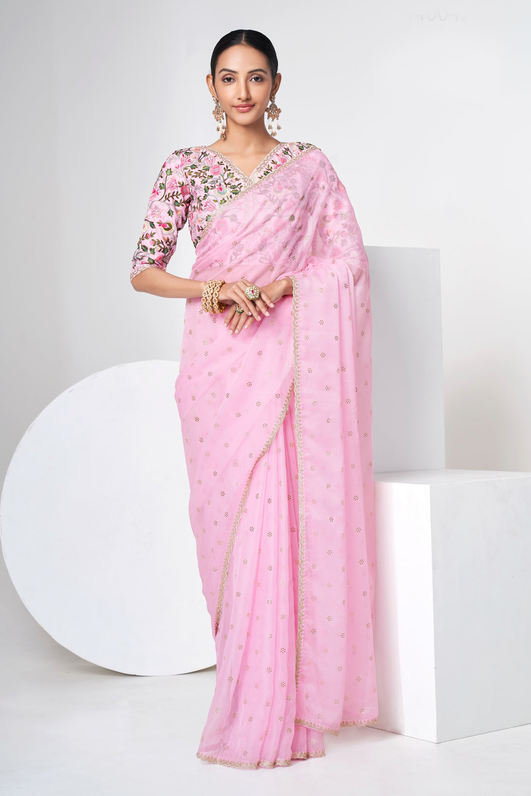 Enchanting Baby Pink Saree | Thread, Sequins & Mukaish Work for Festive Wear