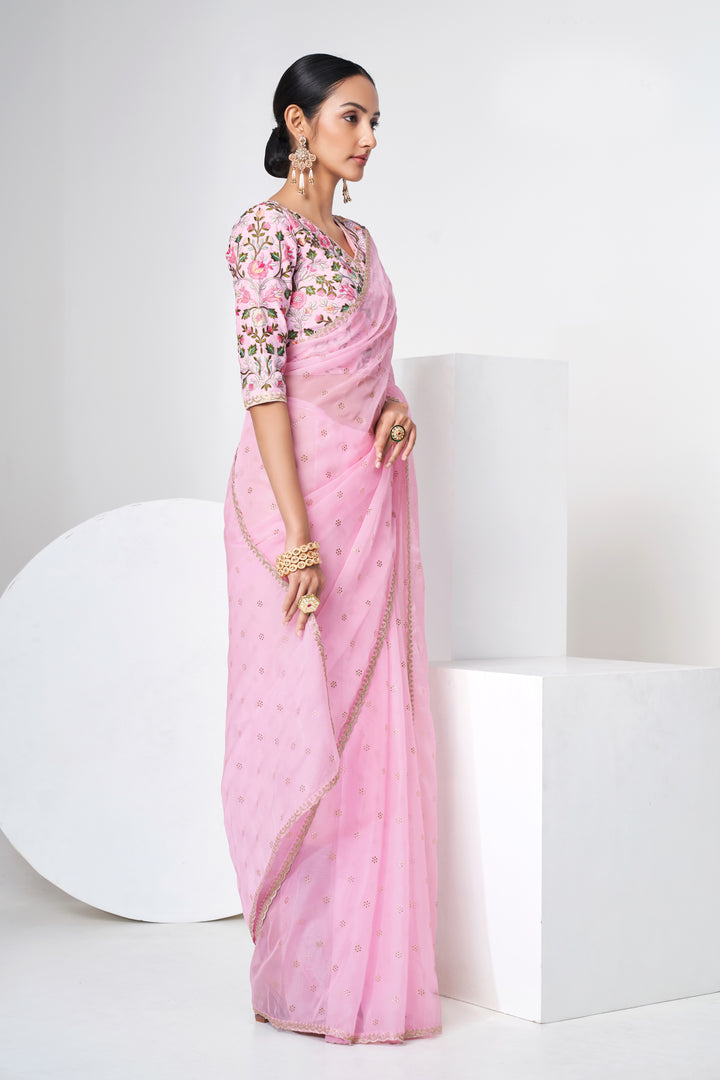 Enchanting Baby Pink Saree | Thread, Sequins & Mukaish Work for Festive Wear