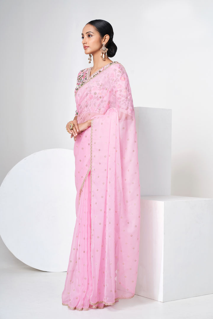 Enchanting Baby Pink Saree | Thread, Sequins & Mukaish Work for Festive Wear