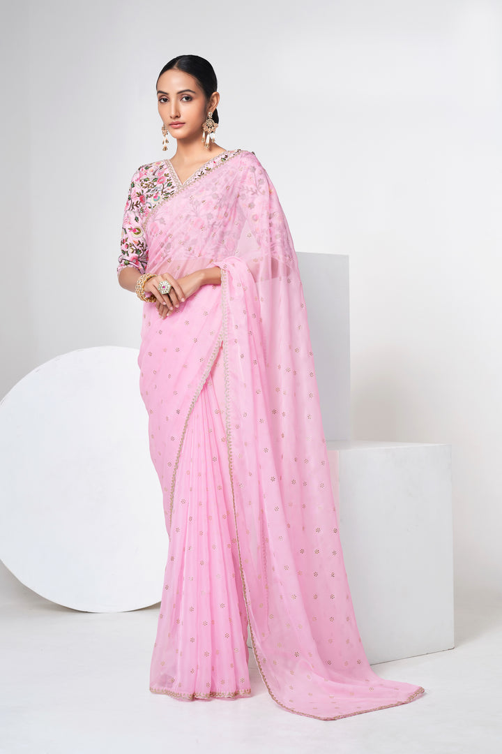 Enchanting Baby Pink Saree | Thread, Sequins & Mukaish Work for Festive Wear