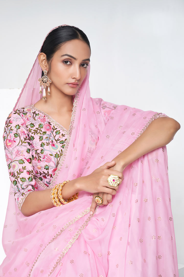 Enchanting Baby Pink Saree | Thread, Sequins & Mukaish Work for Festive Wear