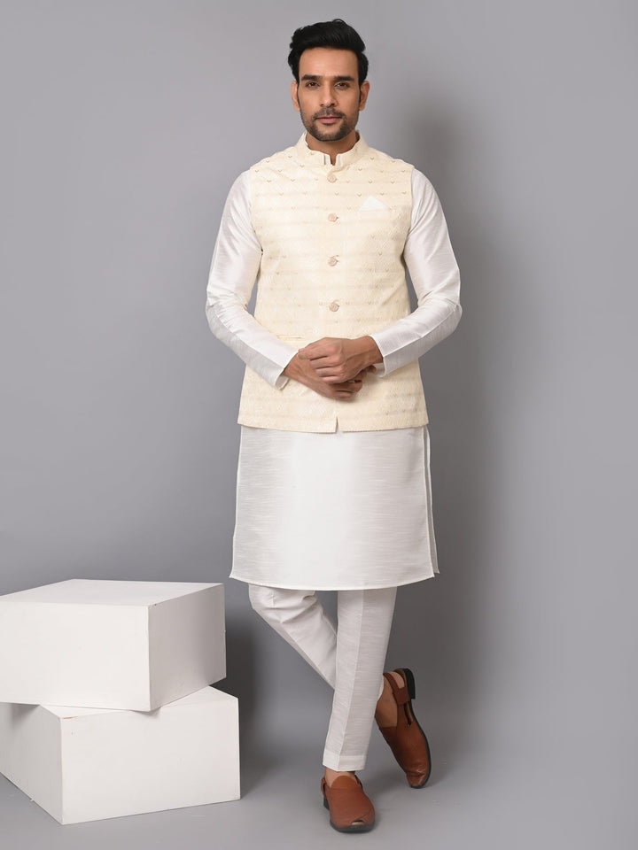 Self Design Poly Silk Festive Wear |  Checked Cream Jacket Kurta Set