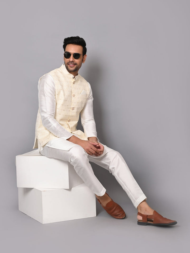 Self Design Poly Silk Festive Wear |  Checked Cream Jacket Kurta Set