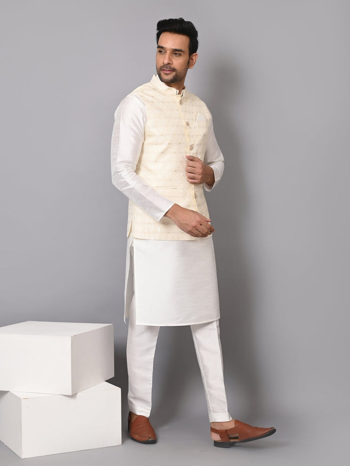 Self Design Poly Silk Festive Wear |  Checked Cream Jacket Kurta Set