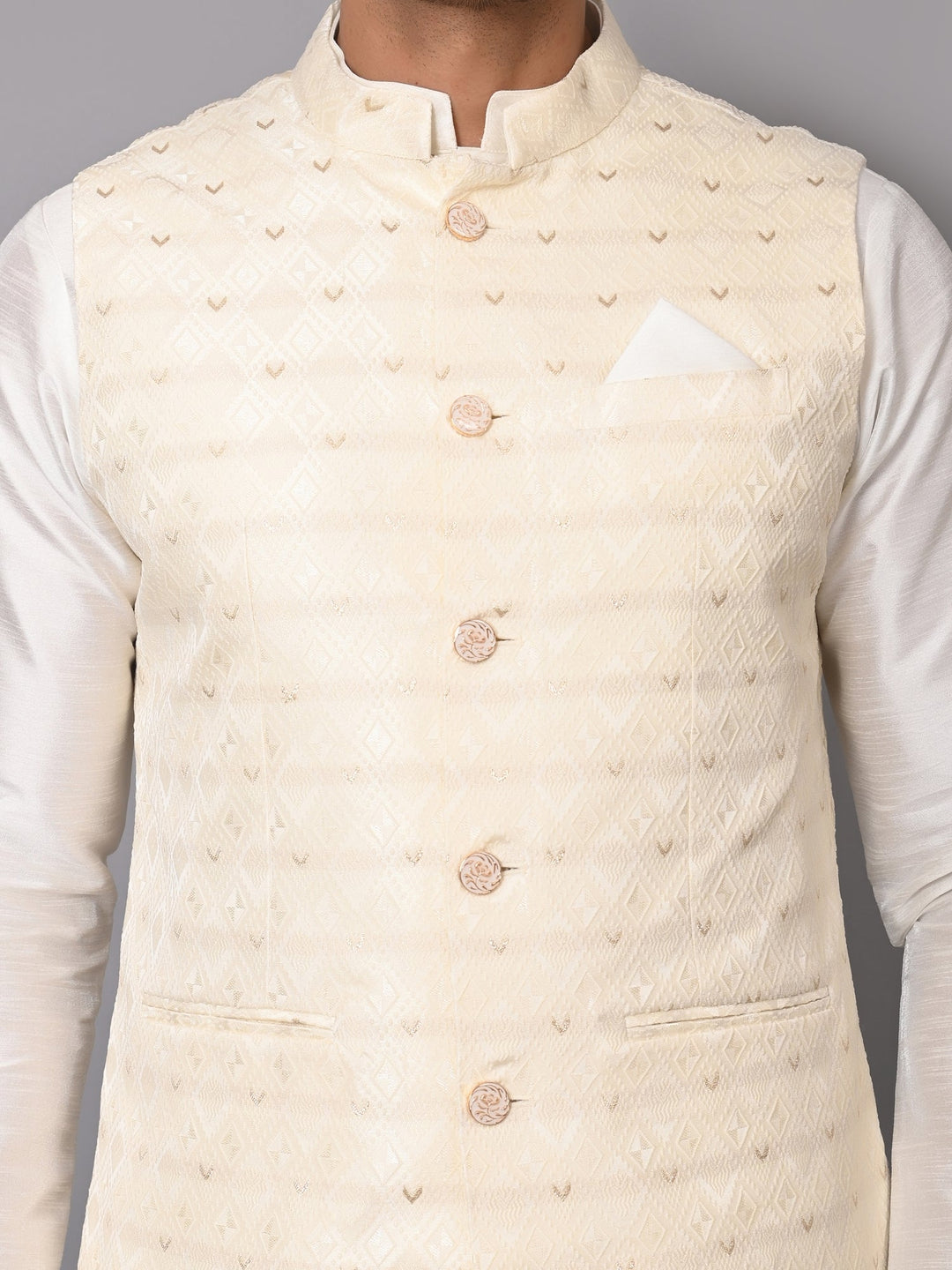 Self Design Poly Silk Festive Wear |  Checked Cream Jacket Kurta Set