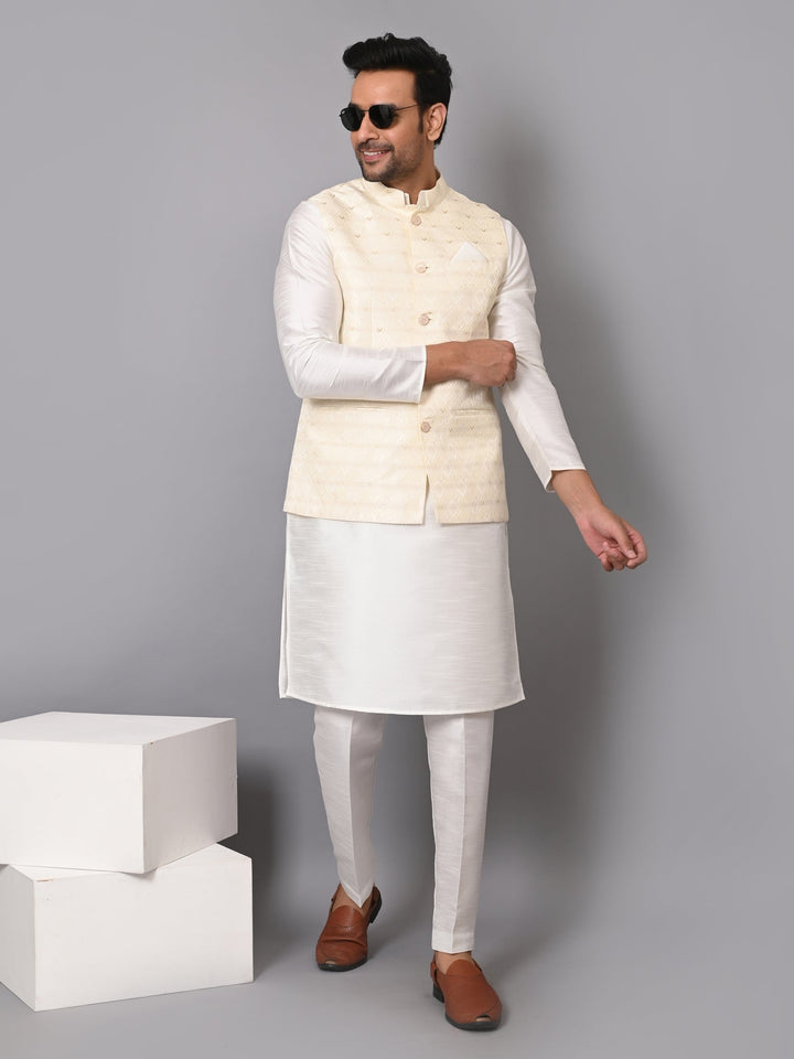 Self Design Poly Silk Festive Wear |  Checked Cream Jacket Kurta Set