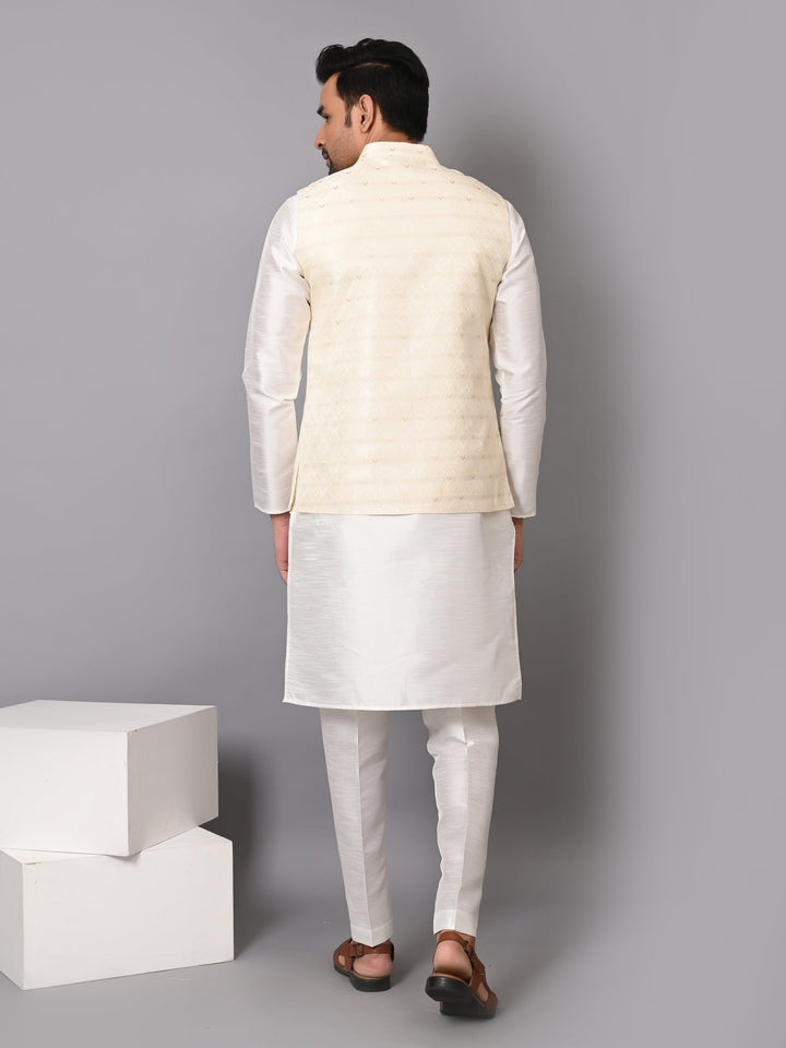 Self Design Poly Silk Festive Wear |  Checked Cream Jacket Kurta Set