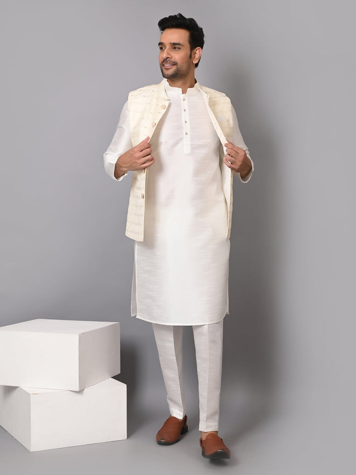 Self Design Poly Silk Festive Wear |  Checked Cream Jacket Kurta Set