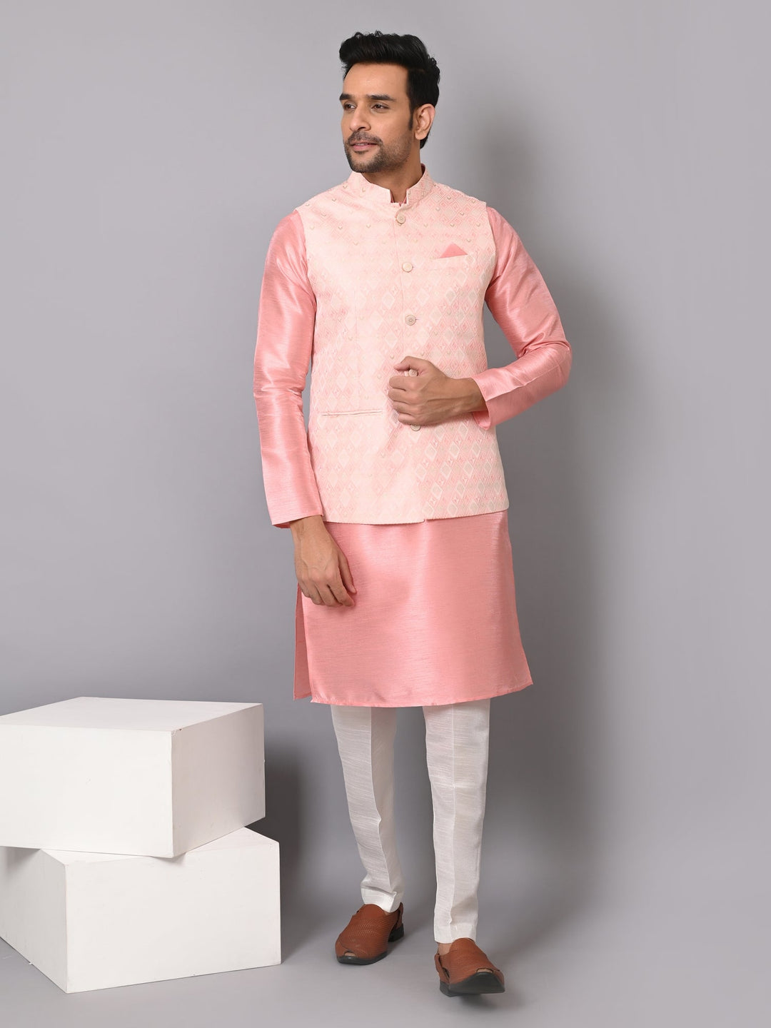 Checked Pink Jacket Kurta Set | Festive Poly Silk Stand Collar Design