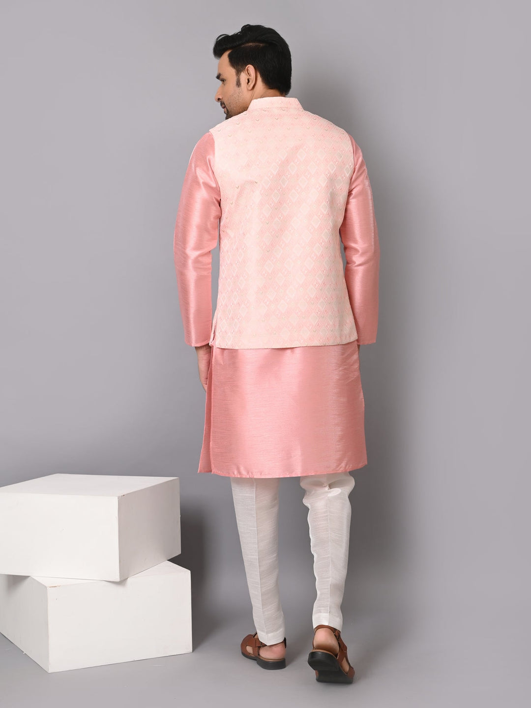 Checked Pink Jacket Kurta Set | Festive Poly Silk Stand Collar Design