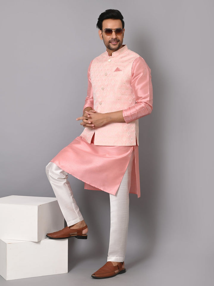 Checked Pink Jacket Kurta Set | Festive Poly Silk Stand Collar Design