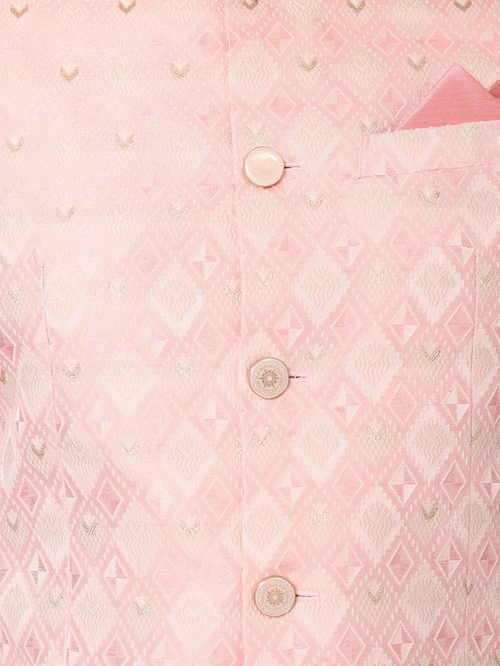 Checked Pink Jacket Kurta Set | Festive Poly Silk Stand Collar Design