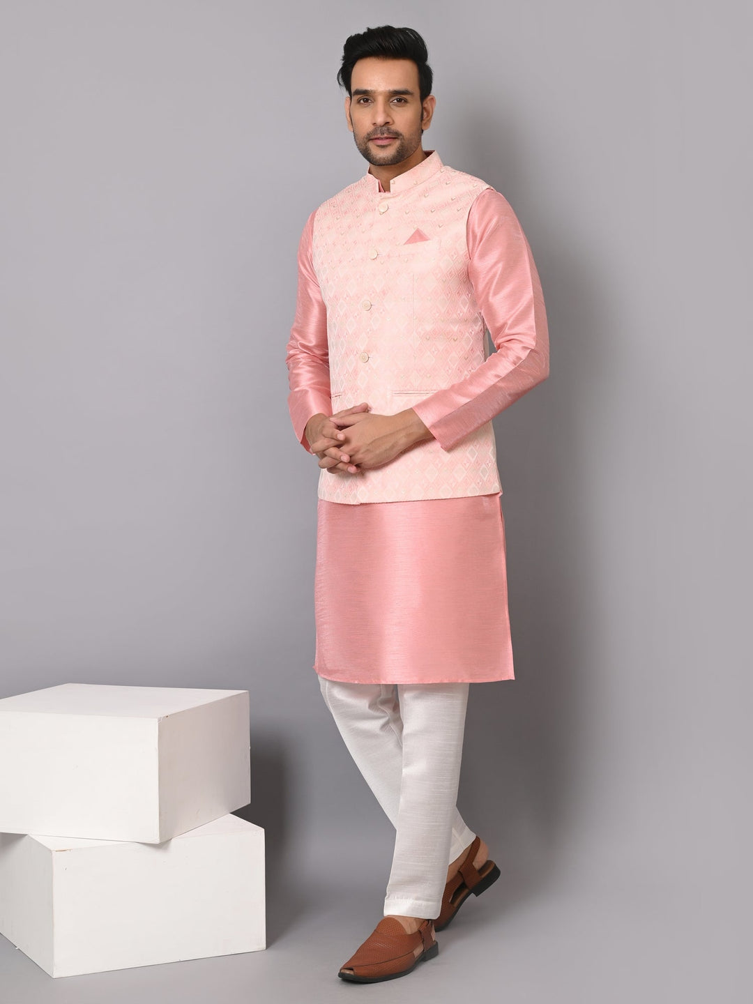 Checked Pink Jacket Kurta Set | Festive Poly Silk Stand Collar Design