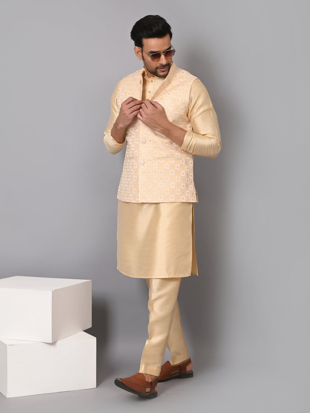 Checked Beige Jacket Kurta Set | Festive Poly Silk Stand Collar Outfit