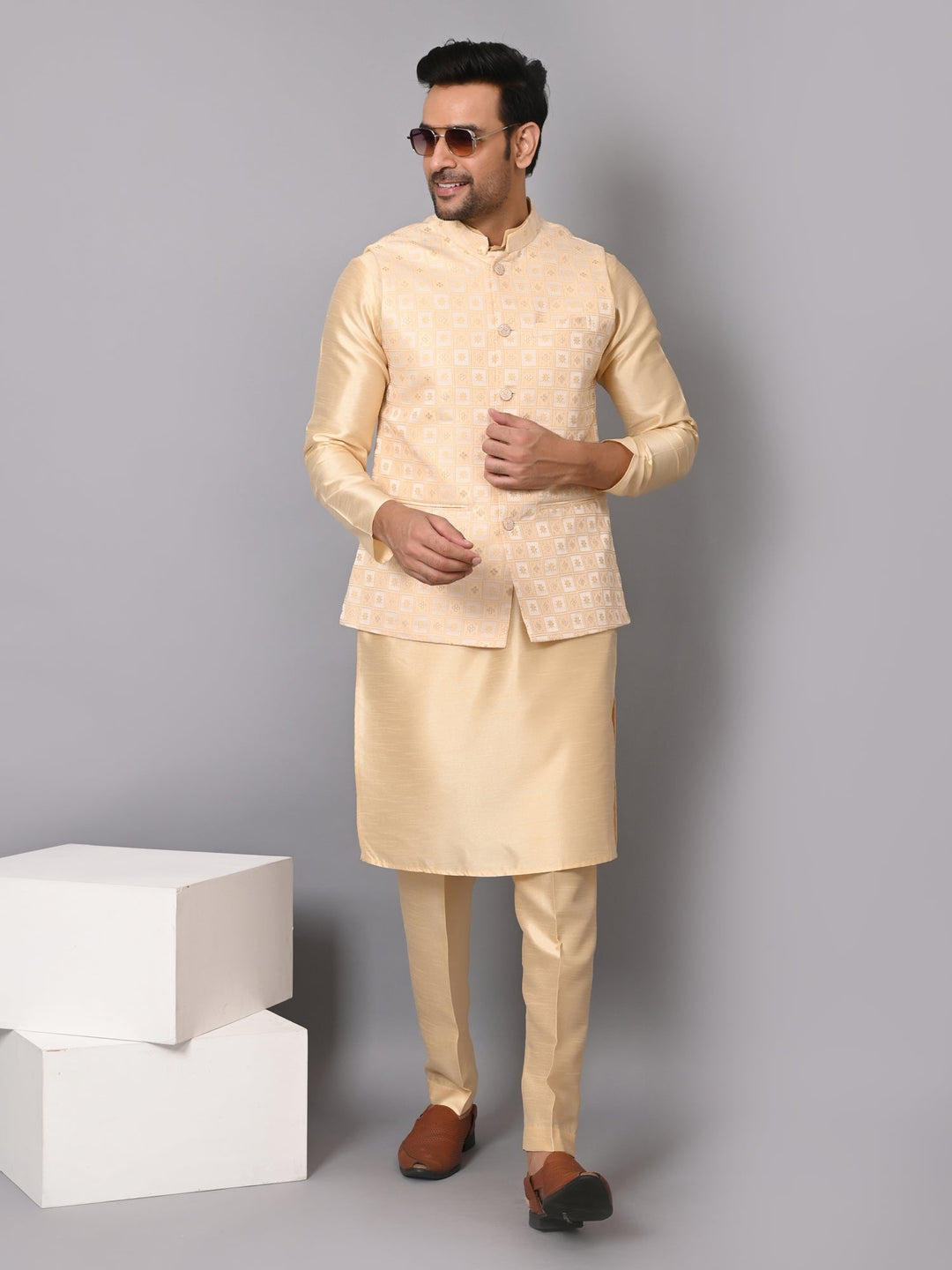 Checked Beige Jacket Kurta Set | Festive Poly Silk Stand Collar Outfit