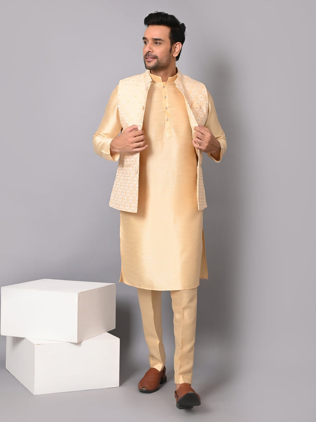 Checked Beige Jacket Kurta Set | Festive Poly Silk Stand Collar Outfit