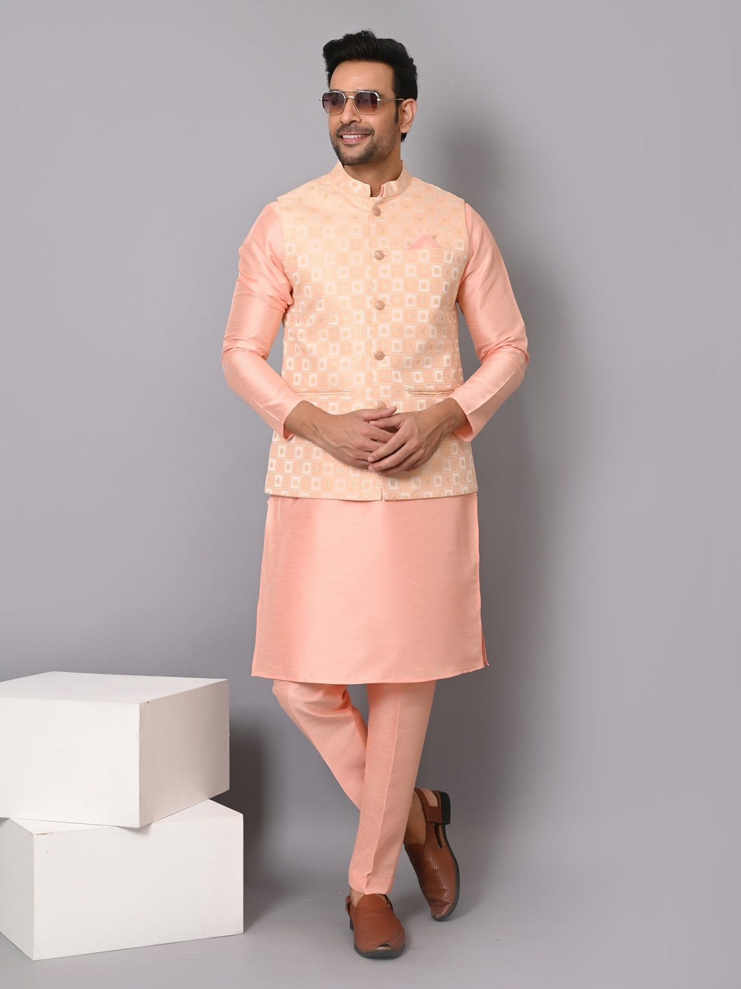 Checked Peach Jacket Kurta Set | Festive Poly Silk Ensemble