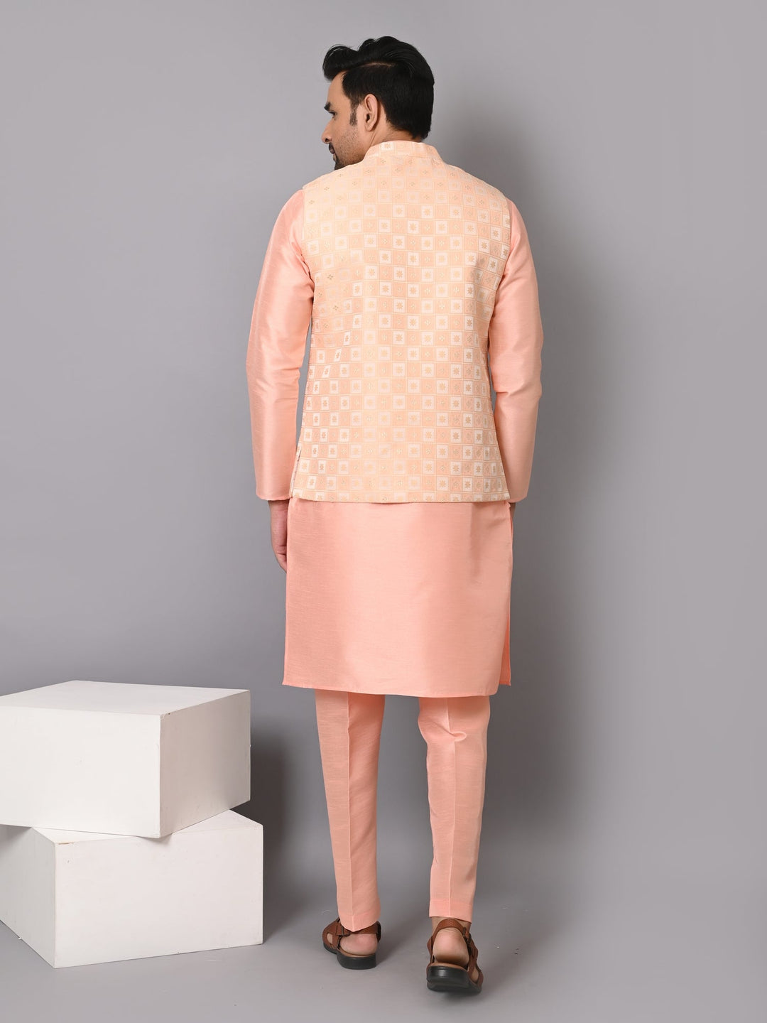 Checked Peach Jacket Kurta Set | Festive Poly Silk Ensemble