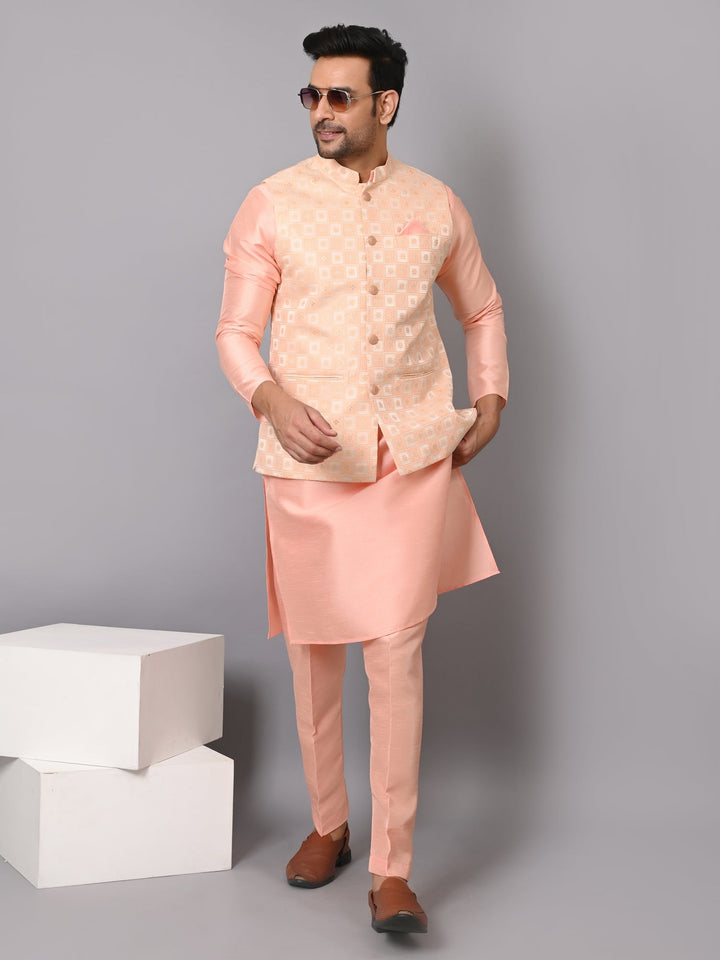 Checked Peach Jacket Kurta Set | Festive Poly Silk Ensemble