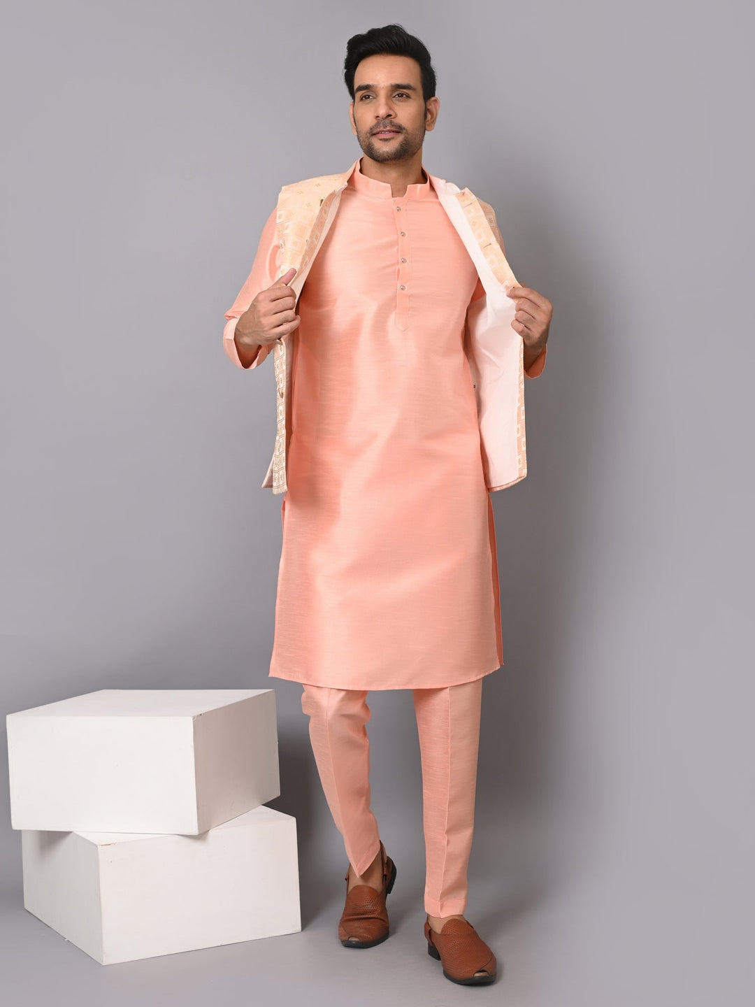 Checked Peach Jacket Kurta Set | Festive Poly Silk Ensemble