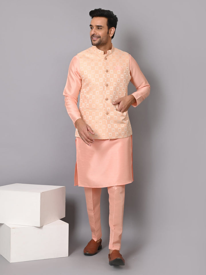 Checked Peach Jacket Kurta Set | Festive Poly Silk Ensemble