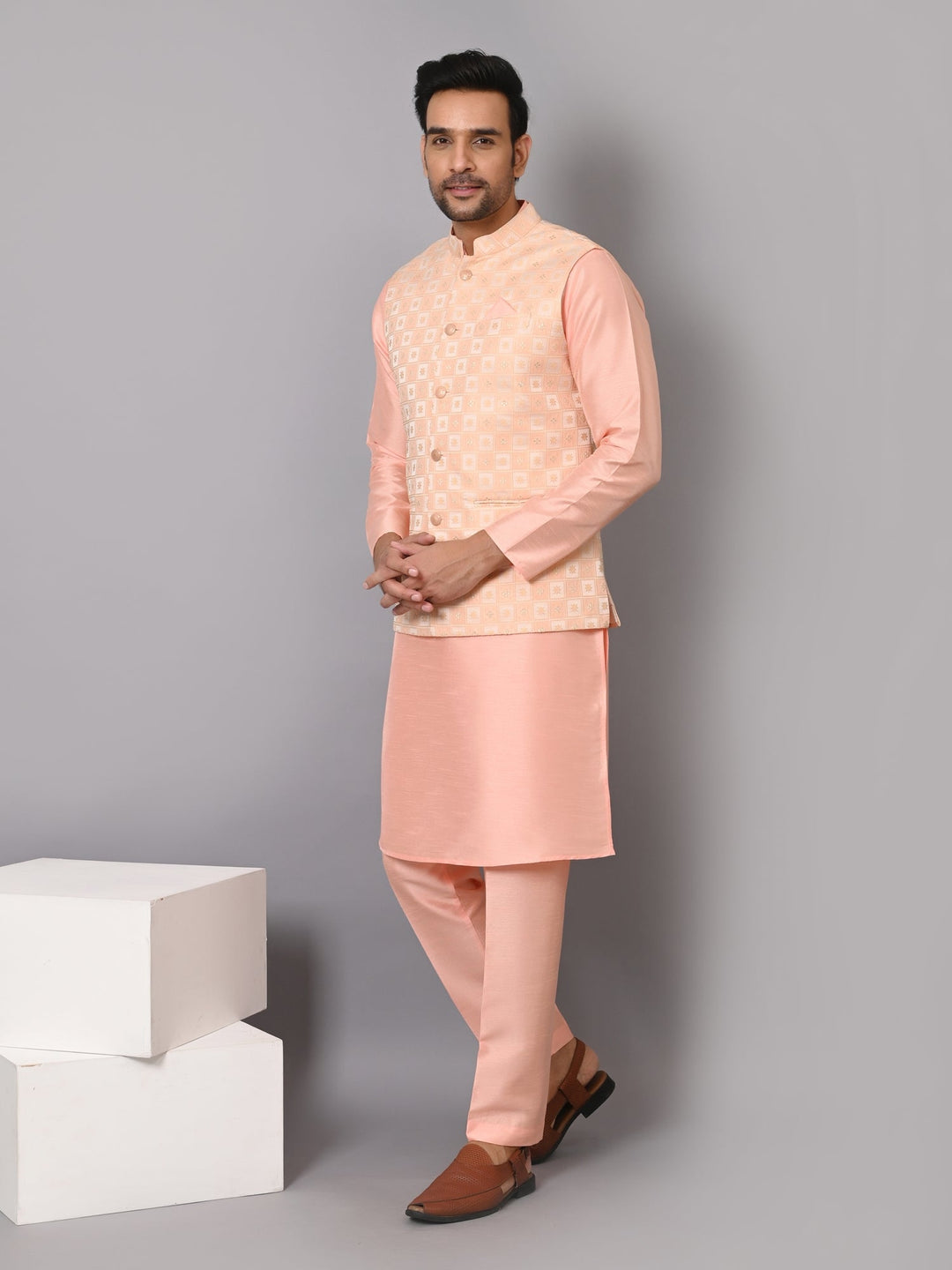 Checked Peach Jacket Kurta Set | Festive Poly Silk Ensemble