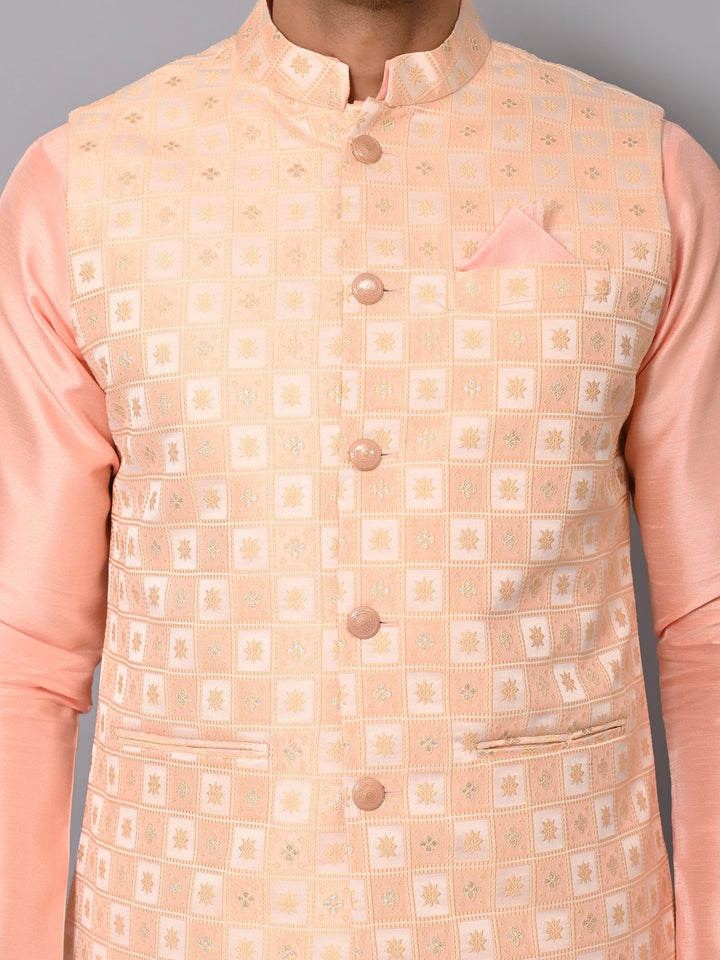 Checked Peach Jacket Kurta Set | Festive Poly Silk Ensemble