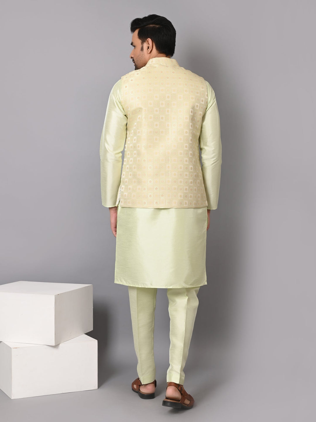 Checked Pista Jacket Kurta Set | Traditional Festive Attire for Men