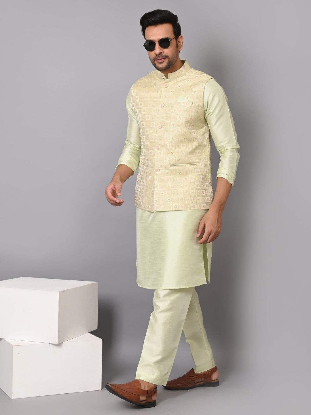 Checked Pista Jacket Kurta Set | Traditional Festive Attire for Men