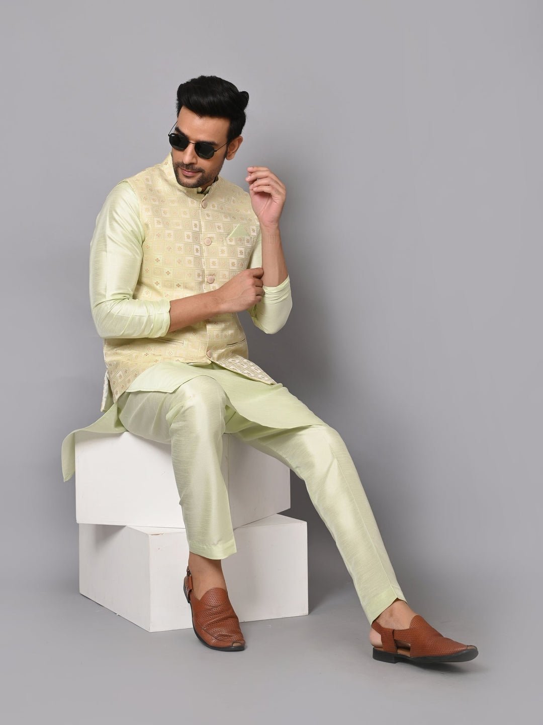 Checked Pista Jacket Kurta Set | Traditional Festive Attire for Men