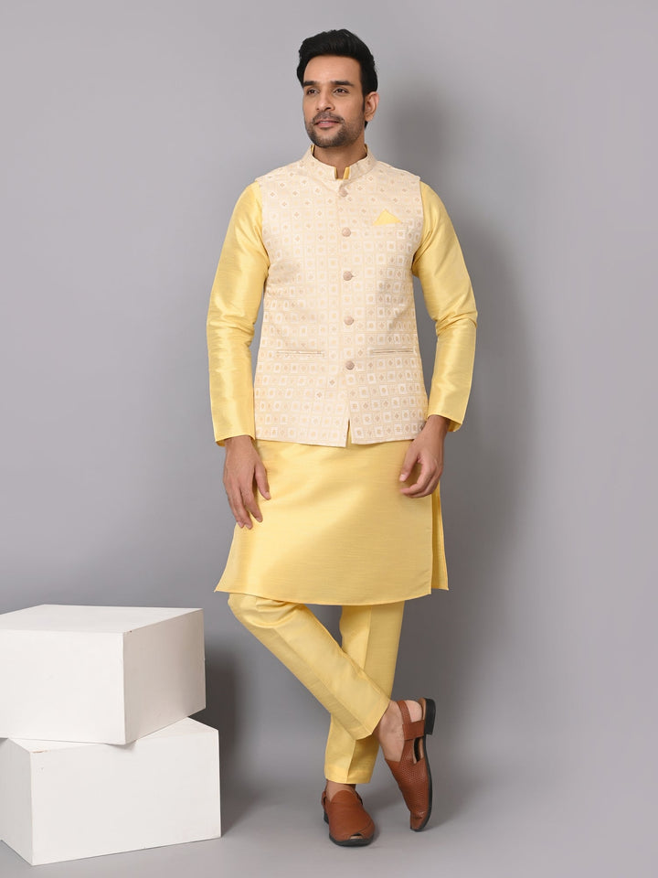 Festive Printed Poly Silk Jacket Set | Checked Yellow Jacket Kurta Set