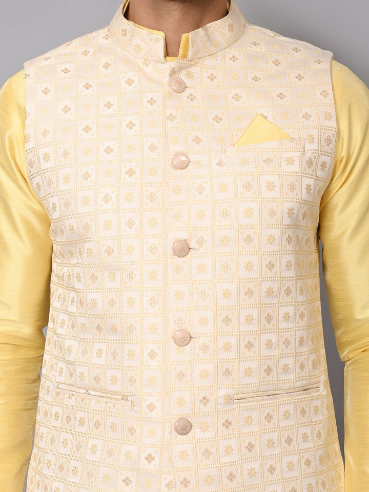 Festive Printed Poly Silk Jacket Set | Checked Yellow Jacket Kurta Set