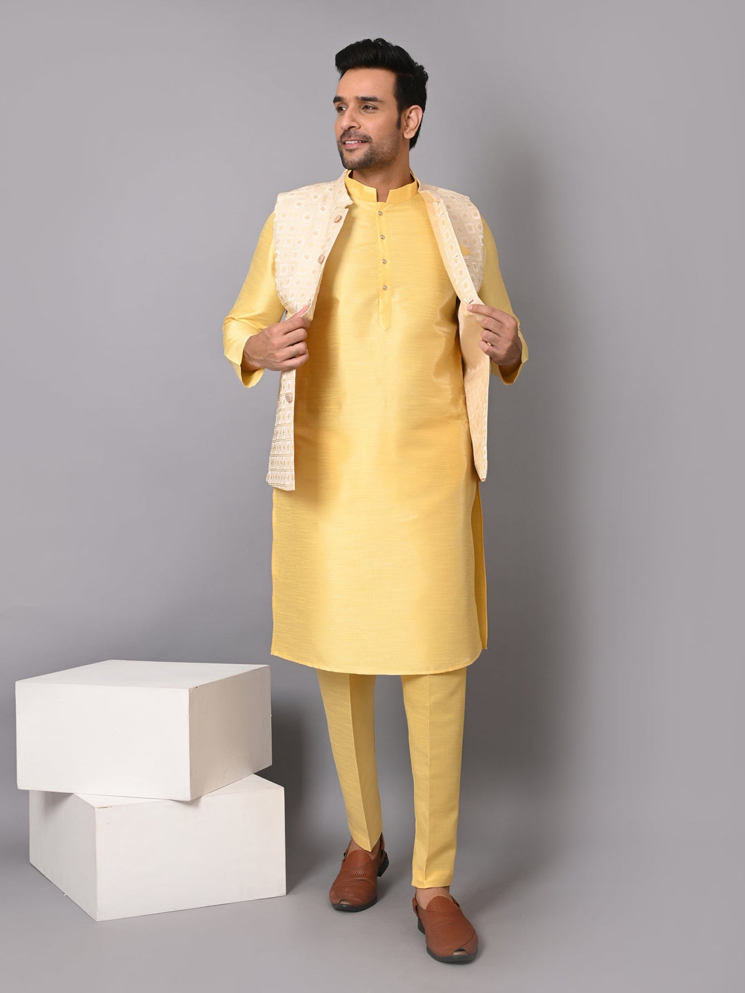 Festive Printed Poly Silk Jacket Set | Checked Yellow Jacket Kurta Set